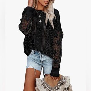 New - Womens Crewneck Crochet Lace Long Sleeve Hollow Out Cable Knit Sweater